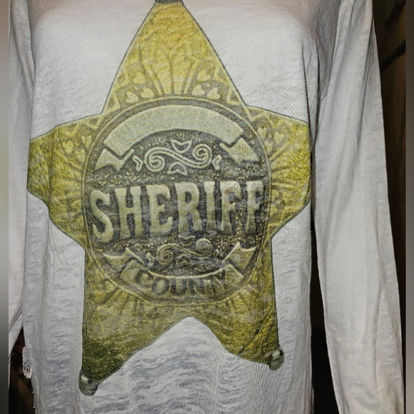 RARE ONE OF A KIND GO COUTURE LONG SLEEVE SHERIFF COUNTY SHIRT WITH DISTRESSING - Picture 4 of 10